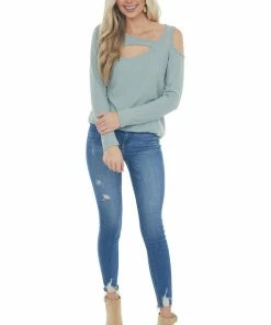 BiBi Seafoam Single Cold Shoulder Waffle Knit Top With Cut Out