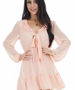 Peach Love Blush Swiss Dot Woven Dress With Front Tie Closure Dresses 29 Peach Love Blush Swiss Dot Woven Dress With Front Tie Closure Dresses