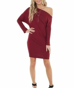 Cherish Wine Off The Shoulder Long Sleeve Semi Fitted Short Dress Dresses