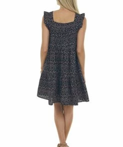 Ces Femme Dresses Black Ditsy Floral Textured Square Neck Dress