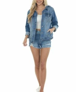 Risen Medium Wash Denim Jacket With Detachable Hood