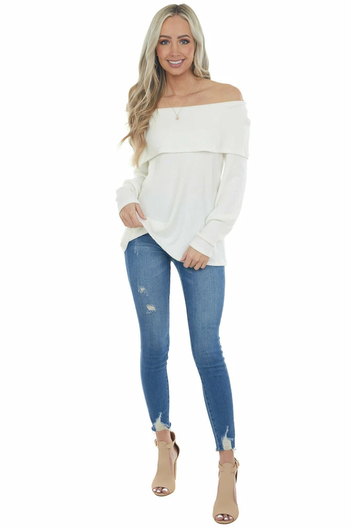 Andree Tops Ivory Folded Off Shoulder Ribbed Knit Top 13 Andree Tops Ivory Folded Off Shoulder Ribbed Knit Top