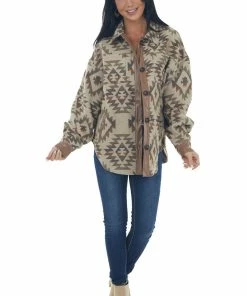 Main Strip Beige Aztec Print Button Up Shirt Jacket Tops