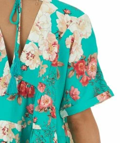 Entro Jade Green Floral Print V Neck Babydoll Top Tops