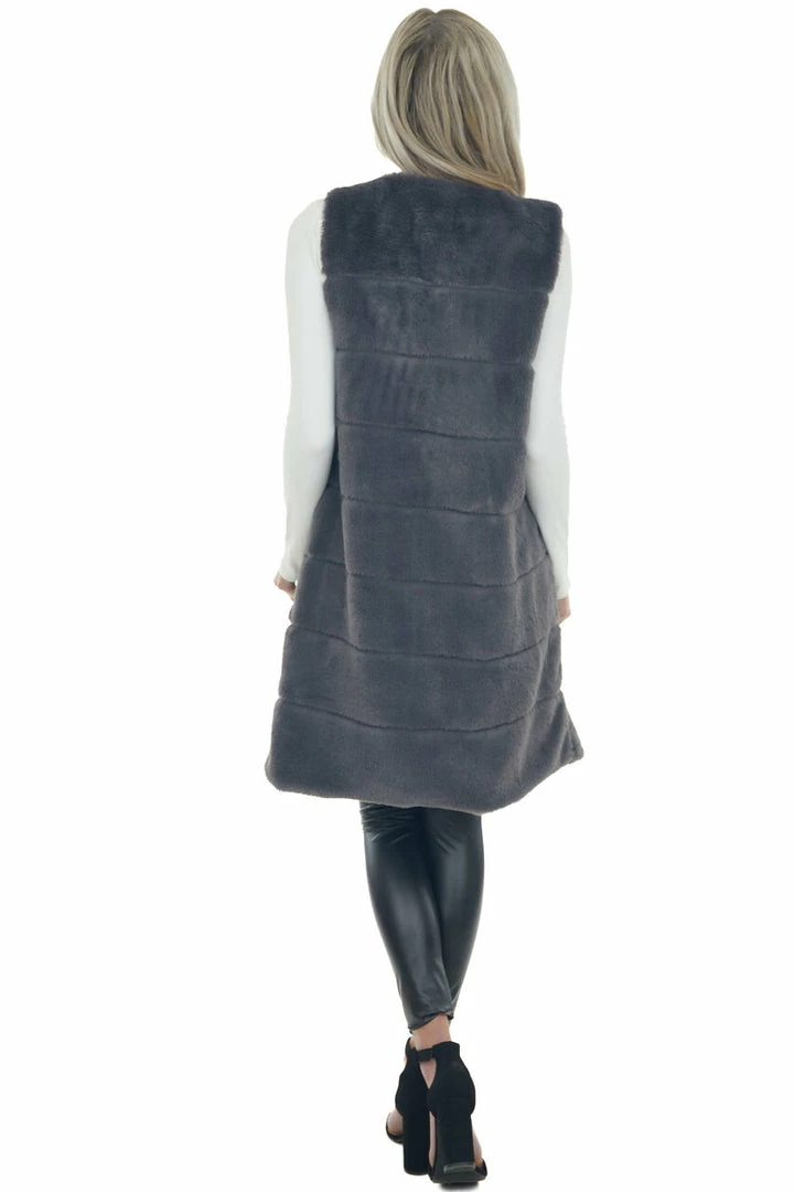 LE FEMME FASHION Graphite Tiered Faux Fur Duster Length Vest 17 LE FEMME FASHION Graphite Tiered Faux Fur Duster Length Vest