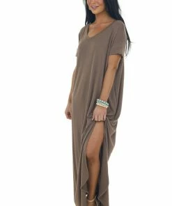 ZENANA Dresses Coffee Short Sleeve Maxi Dress With Side Slits