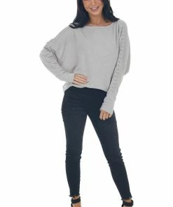 143 Story Dove Grey Waffle Knit Dolman Lace Sleeve Top