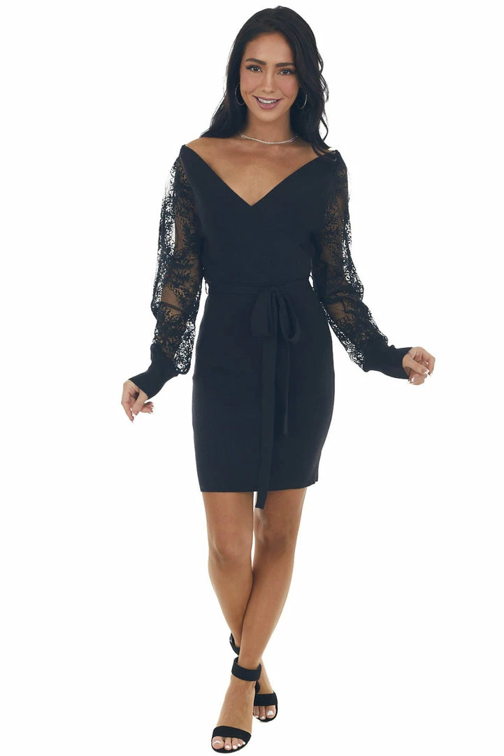 Lush Clothing Black Ribbed Knit Mini Dress With Lace Sleeves Dresses 9 Lush Clothing Black Ribbed Knit Mini Dress With Lace Sleeves Dresses