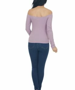 Peach Love Lilac Off The Shoulder Ribbed Knit Top With Cut Out Detail