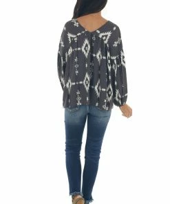 BucketList Tops Charcoal Aztec Print V Neck Flowy Blouse