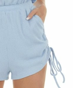 LE LIS Dresses Powder Blue Ribbed Ruched Strapless Romper