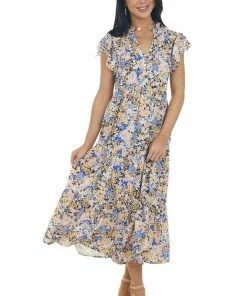 Entro Black Floral Rouched Flutter Sleeve Maxi Dress Dresses