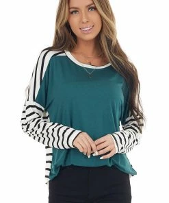 Lovely Melody Pine And Ivory Striped Long Sleeve Top With Solid Front