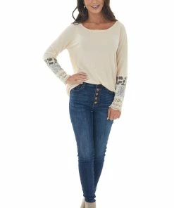 BiBi Beige Long Sleeve Waffle Knit Top With Multiprint Cuff Tops