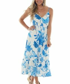 Flying Tomato Royal Blue And Ivory Floral Print Midi Dress