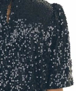 Vine & Love Dresses Black Sequined Short Puff Sleeve Shift Dress 36 Vine & Love Dresses Black Sequined Short Puff Sleeve Shift Dress