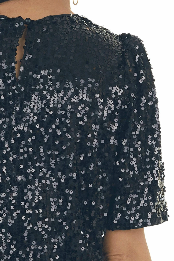 Vine & Love Dresses Black Sequined Short Puff Sleeve Shift Dress 19 Vine & Love Dresses Black Sequined Short Puff Sleeve Shift Dress