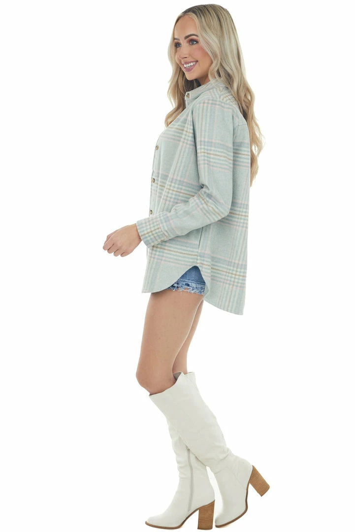 Blue B Pastel Sage Plaid Button Up Shirt Jacket 15 Blue B Pastel Sage Plaid Button Up Shirt Jacket