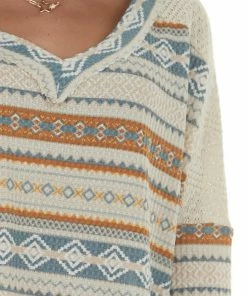 Ces Femme Oatmeal Aztec Print Long Sleeve Knit Top