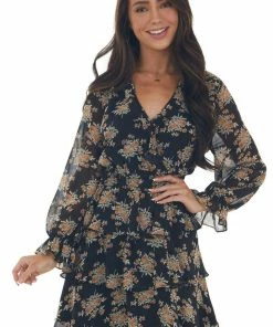 She + Sky Dresses Black And Taupe Floral Surplice Ruffle Dress