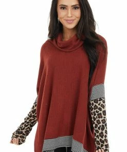 First Love Rust Multiprint Ribbed Long Sleeve Top With Cowl Neck Tops