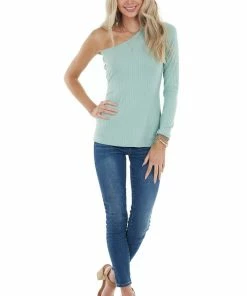 Entro Sage Fitted One Shoulder Stretchy Ribbed Knit Top