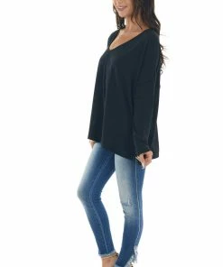 BucketList Tops Black Drop Shoulder Knit Top With V Neck