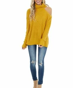 La Miel Mustard Long Sleeve Knit Sweater With Cold Shoulder