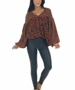 Hailey & Co Tops Cinnamon Leopard Print Babydoll V Neck Blouse