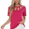 BiBi Tops Magenta Short Sleeve Knit Top With Caged Neckline