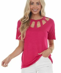 BiBi Tops Magenta Short Sleeve Knit Top With Caged Neckline