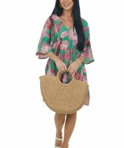 Entro Jade And Hibiscus Leaf Print Half Sleeve Dress