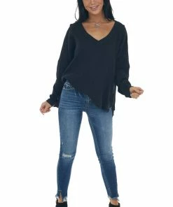 Umgee Black V Neck High Low Hem Thermal Knit Top