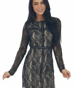 Flying Tomato Black And Latte Floral Lace Bodycon Mini Dress