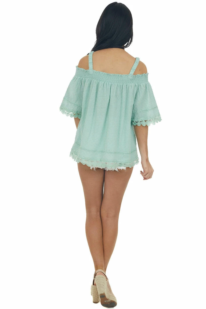 Davi & Dani Sage Cold Shoulder Lace Trim Swiss Dot Top Tops 11 Davi & Dani Sage Cold Shoulder Lace Trim Swiss Dot Top Tops