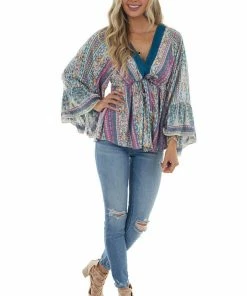 ANGIE Tops Catalina Blue Printed Drop Waist Top With Tie