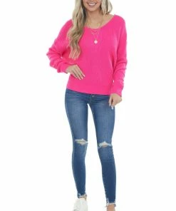Lime Lush Hot Pink Twist Back Thick Ribbed Knit Sweater Tops 30 Lime Lush Hot Pink Twist Back Thick Ribbed Knit Sweater Tops