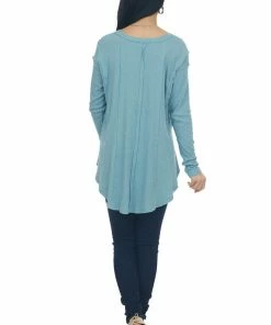 143 Story Tops Teal Scoop Neckline Rounded Hem Knit Top