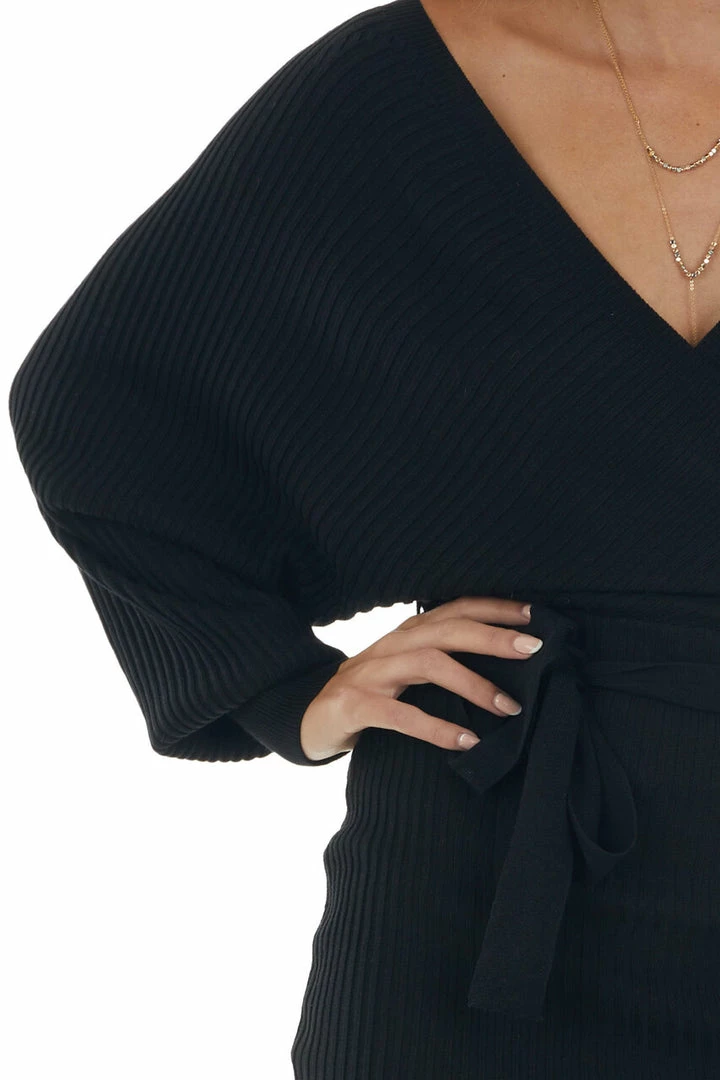 Style Melody Black Surplice Ribbed Knit Sweater Dress Dresses 16 Style Melody Black Surplice Ribbed Knit Sweater Dress Dresses
