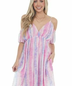Davi & Dani Dresses Thulian Pink Tie Dye Cold Shoulder Mini Dress