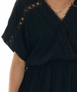 J.NNA Black Crochet Lace Short Sleeve Surplice Dress