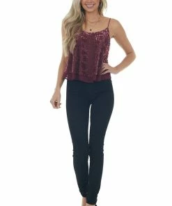 She + Sky Wine Velvet Leopard Print Sleeveless Top