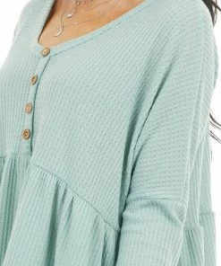Style Melody Seafoam Henley Oversized Long Sleeve Babydoll Knit Top Tops