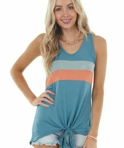 Celeste Design Lagoon Colorblock Sleeveless Top With Front Tie Detail