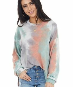 12PM Tops Multicolor Tie Dye Long Sleeve Top With Long Bubble Sleeves