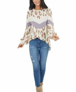 Blue Buttercup Ivory Leopard Print Puff Sleeve Top With Chevron Colorblock Tops
