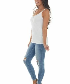 ANGIE White Ribbed Knit Tank Top With Button And Lace Trim Details