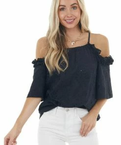 Davi & Dani Black Eyelet Lace Cold Shoulder Halter Neckline Blouse