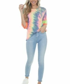 Vanilla Bay Neon Multicolor Tie Dye Knit Top With Stripe Contrast Detail Tops 14 Vanilla Bay Neon Multicolor Tie Dye Knit Top With Stripe Contrast Detail Tops