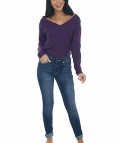 BiBi Tops Grape Criss Cross Brushed Waffle Knit Top